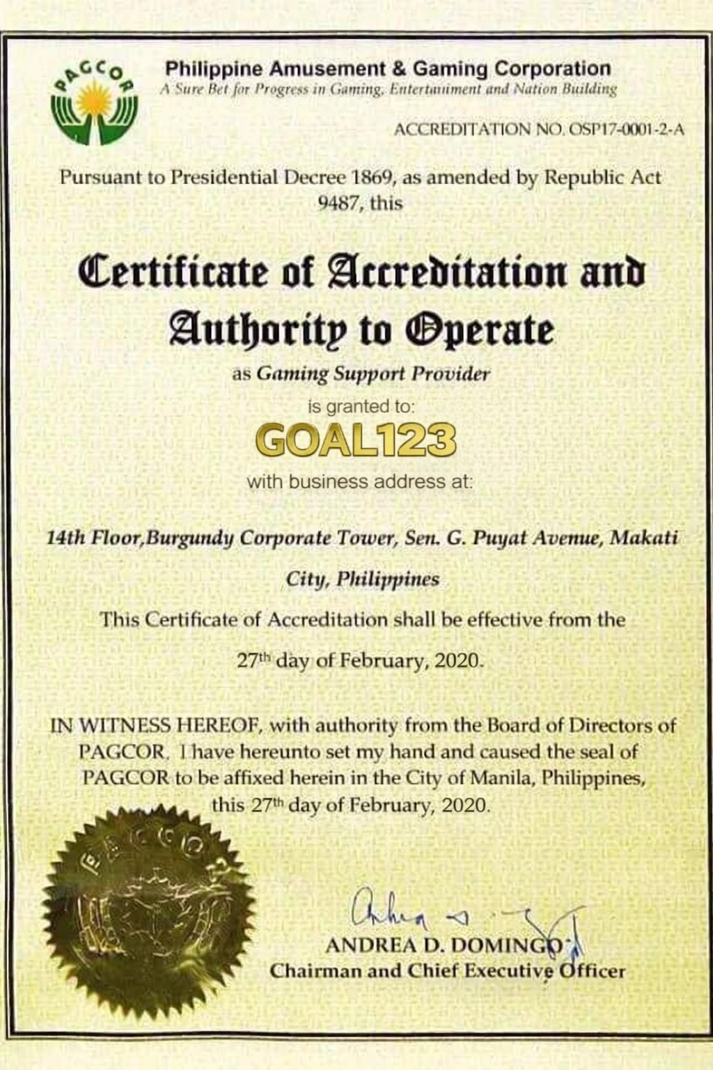 giấy phép PAGCOR của Goal123